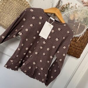 ZARA Ribbed Floral Peplum Long Sleeve Top